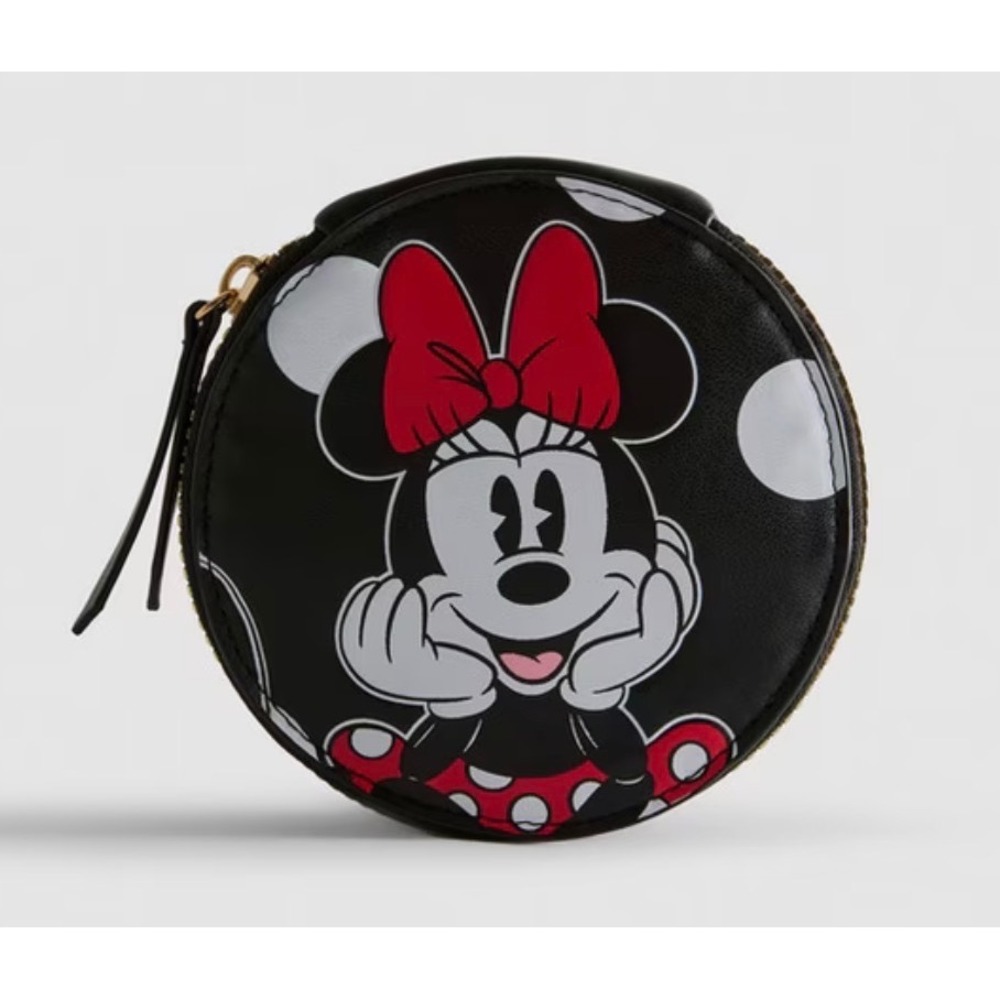 Disney Minnie Mouse Round Jewelry Travel Case Black‎ Polka Dot Zip Organizer